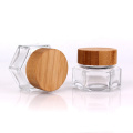 1oz Hexagonal clear glass cream jar face cream container with bamboo lid closure